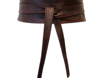 Leather Wrap Obi Belt Brown Women display picture 2