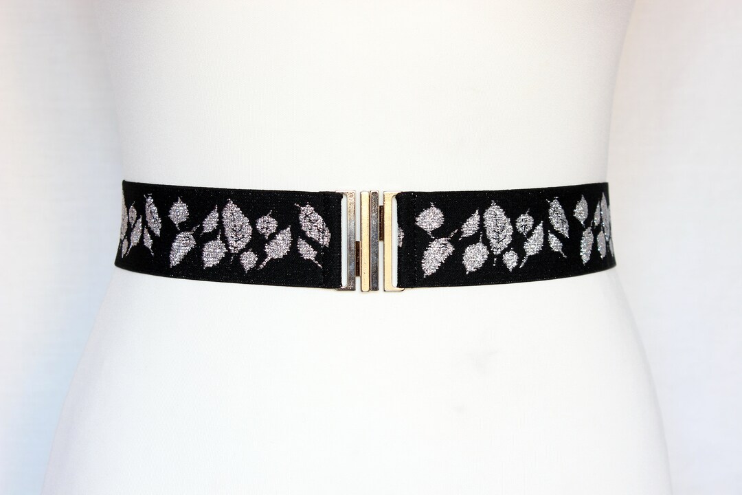 Bridal Black Silver Belt Shinny Stretch Waist Cincher Leaves Women's
