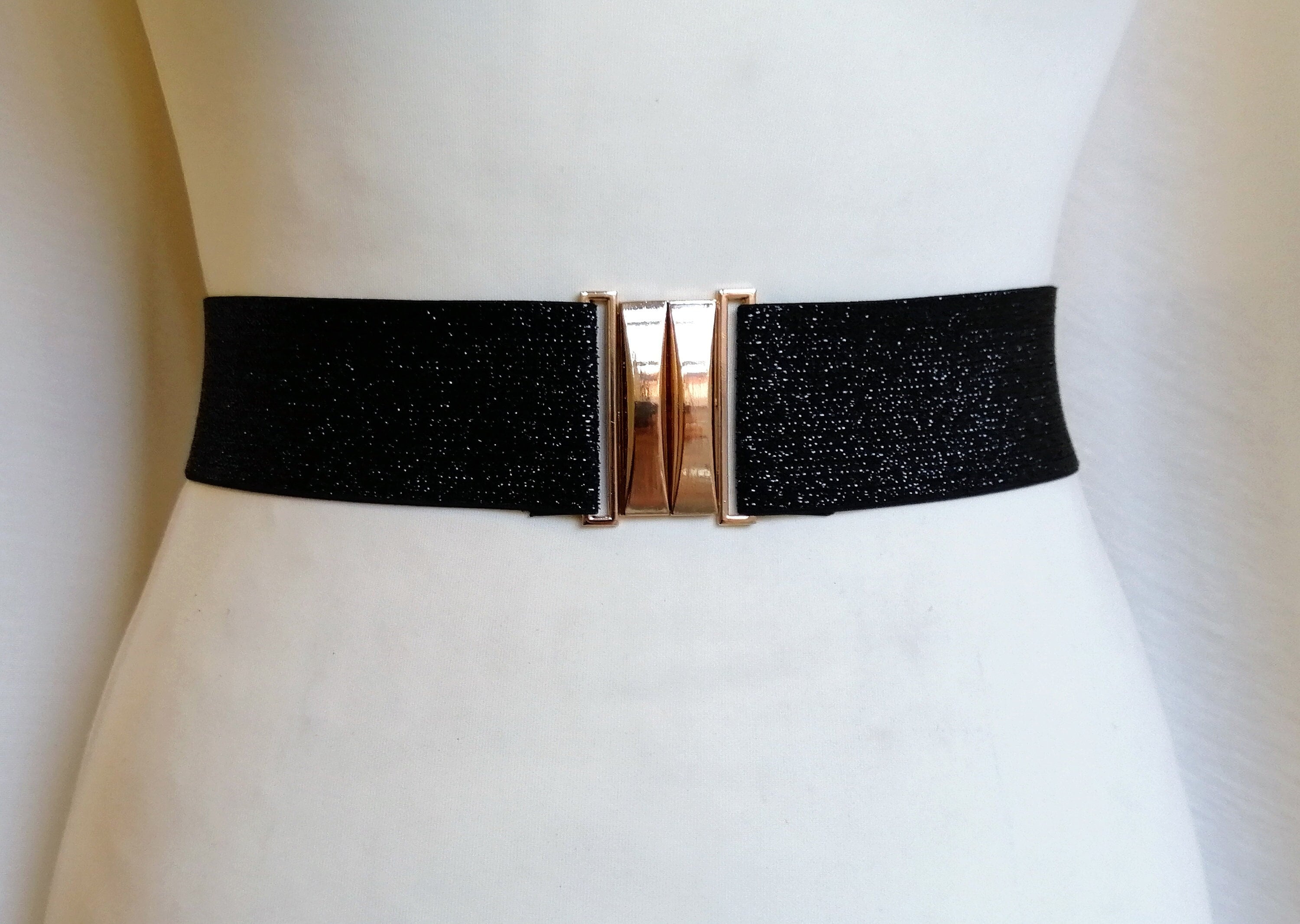 Stretch Belt Ladies Black Belt With Gold Buckle Women's Belt Black Glitter  Stretch Belt 2" Sparkling