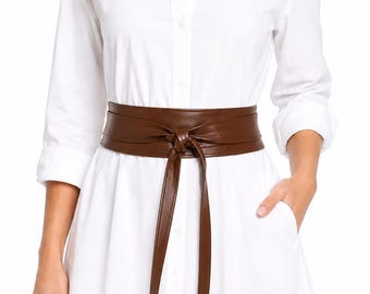 Leren Obi-riem in bruine tinten, brede wikkelriem, tailleband, handgemaakt.