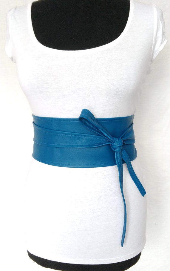 Leather Obi belt Blue wrap belt Wedding Wide Women's belt | Etsy