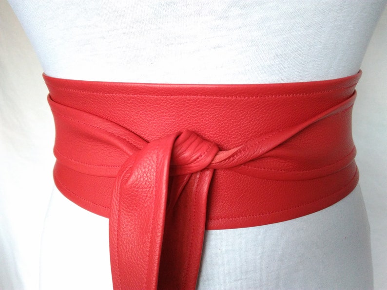 Leather obi belt Red wrap waist cincher belt wide Statement Etsy