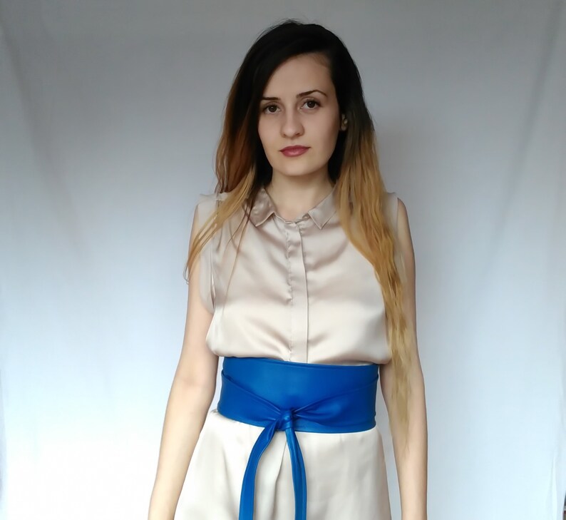 Leather Obi belt Blue wrap belt Wedding Wide Women's belt Etsy