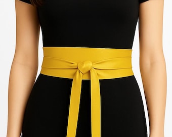 9761 Obi Belt For Women – Wide Waist In Faux Leather, Mica- Yellow Butter Yellow Leather Obi Belt With Long Tassels | JUAN-JO  main image 3