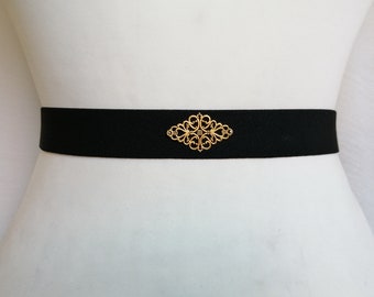 Black Elastic Belt Gold filigree appliqué Waist cincher Wedding  womens stretch belt