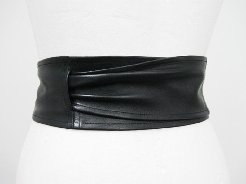 Black Leather belt Obi belt 4/'/' Express shipping Waist cincher double wrap leather Plus size belt