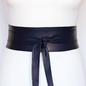 Navy blue Women&#39;s belt Leather wrap belt Smooth leather Obi belt Waist cincher belt