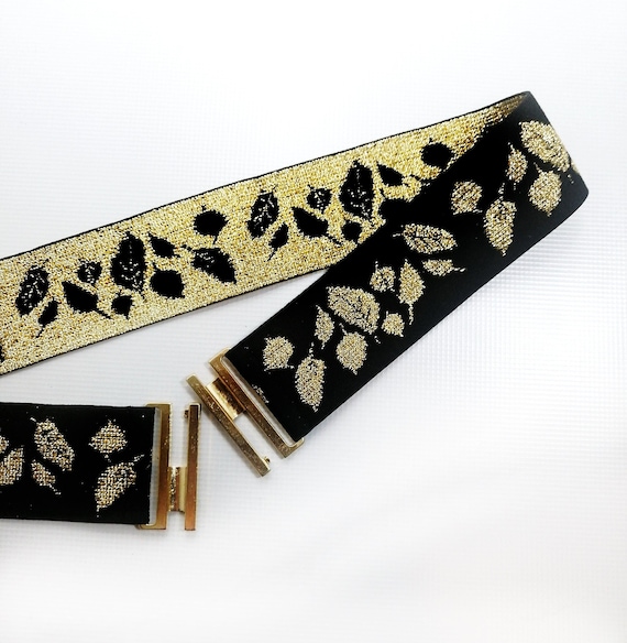 Gold Leaf Metal Black Elastic Belt Stylish Black Elastic Band With Gold Leaves Belt | eBay main image 2
