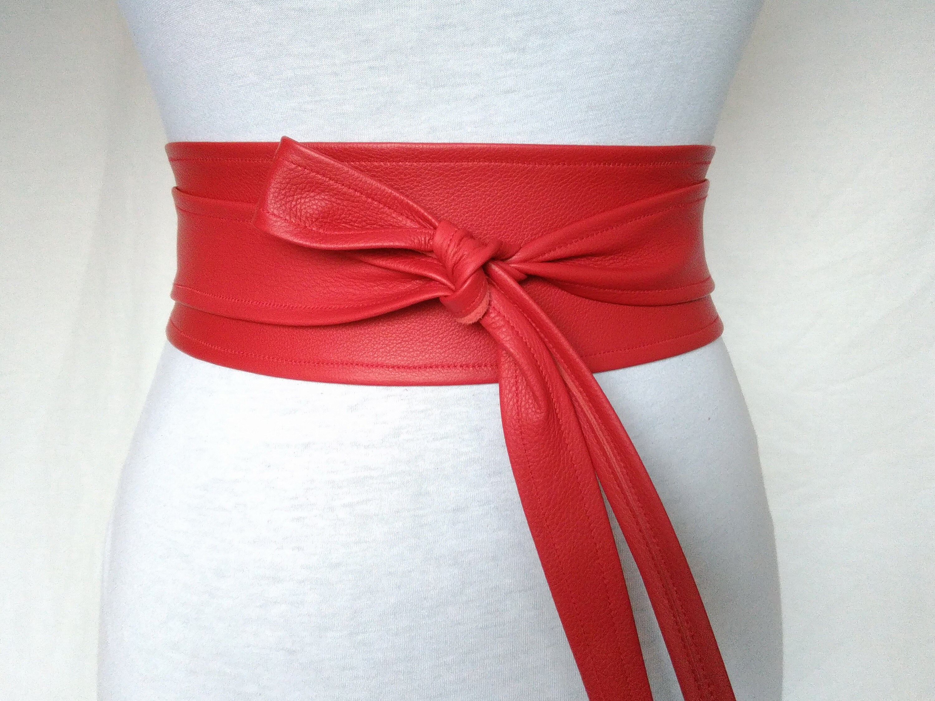 Leather obi belt Red wrap waist cincher belt wide Statement | Etsy