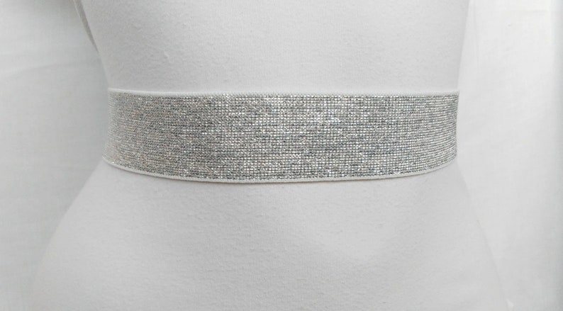 Women's Belt Silver Stretch Waist cinched belt Glitter Wedding Elastic belt image 4