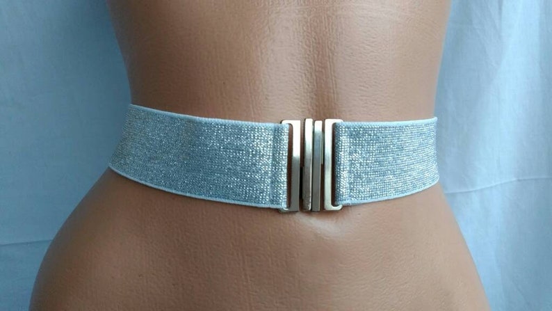 Women's Belt Silver Stretch Waist cinched belt Glitter Wedding Elastic belt image 5