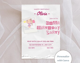May include: A white invitation card with the text "HAPPY BIRTHDAY - Olivia - Join Us For CHEER BIRTHDAY PARTY". Includes a photo of a cheerleader and the text "Personalize with Canva".