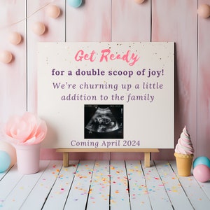 Eiscreme-Schwangerschaftsankündigung, doppelte Kugel Freude, Neutrales Gender Reveal, Baby Zwillingsankündigung, hier ist die Schaufel, Instagram Baby