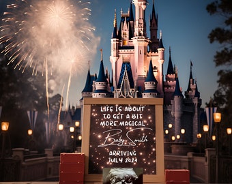 May include: A chalkboard sign with the text "Life is about to get a bit more magical. Baby Smith arriving July 2024."  The sign is in front of Cinderella's Castle at Walt Disney World with fireworks in the background.