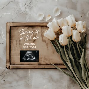 May include: A wooden sign with the text "Spring is in the air, Coming Oct 2024" and a black and white ultrasound image. White tulips with green stems are arranged on the right side of the sign.