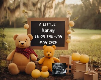 May include: A chalkboard sign with the text "A Little Hunny Is On The Way May 2025" surrounded by teddy bears, lemons, and wooden blocks.