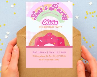 Donut Birthday Party Invitation: Sprinkles, Canva Template (Digital Download)