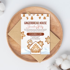 Gingerbread House Party Invitation Editable, Christmas Printable Card, Homemade Cookie Personalized Invite, Digital Download Canva Template