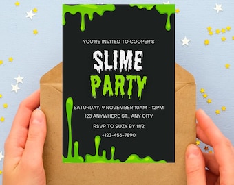 May include: A green and black slime party invitation with the text "You're invited to Cooper's Slime Party" and details for the party, including the date, time, location, and RSVP information.