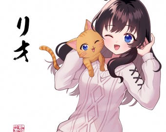 May include: An anime-style illustration of a young person with dark hair and blue eyes, wearing a white sweater, winking and smiling. A small orange tabby cat is perched on their shoulder. Japanese text is on the left and right sides of the image.
