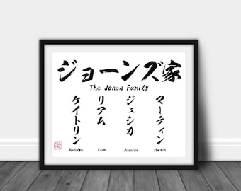 May include: A framed print with Japanese calligraphy and English text. The black frame surrounds a white background with the words "The Jones Family" and names in both Japanese and English. The names include Katelyn, Liam, Jessica, and Martin.