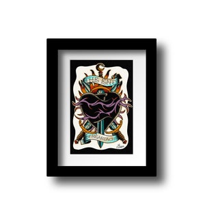 May include: A black heart pierced by a sword with a blue handle and a silver blade. The heart is surrounded by flames and two crossed swords with blue handles and silver blades. The text "THE END OF HEARTACHE" is written on a banner above the heart.