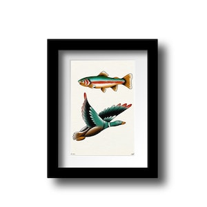May include: A framed print of a traditional tattoo style illustration featuring a green and brown duck flying and a rainbow trout swimming. The print is on a white background with a black frame.