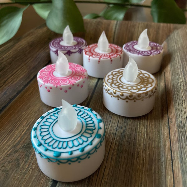 Flameless Decorated Henna Tea Lights Set/Battery Operated Candles/Gift Basket Fillers/Party Favor/Wedding Decoration/Baby Shower Gifts