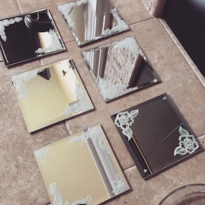 Floral Painted Mirror (Individual) Table Centerpieces/ Vine & Flower Borders (4.5 inch Square or Round)/Elegant Wedding Centerpieces