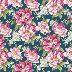 Camellia - Floral on Teal - Benartex Fabrics - Sold by the Half Yard
