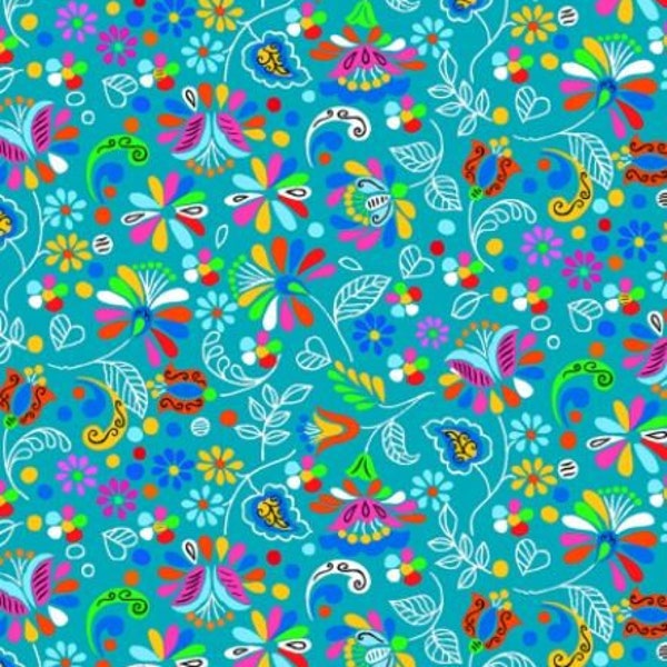 Dazzling Garden - Floral Turquoise - Kansas Studios - Sold by the Half Yard