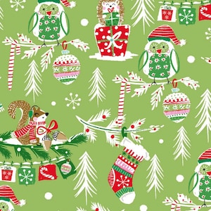 Winter Wonderland Christmas in the Woods - Owls on Green Background - Sold by the Half Yard