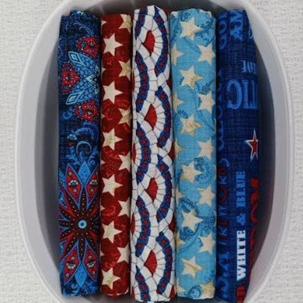 Patriotic - Red White Blue - Independence Memorial Day - Veterans - Quilt of Valor - Half Yard Bundle of 5 prints