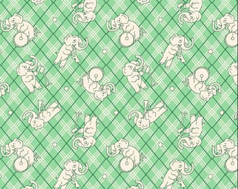 Nana Mae IV - Reproduction Fabric - Musical Elephants on Green - Sold by the Half Yard