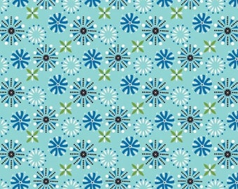 May include: A seamless pattern featuring blue and white stylized flowers on a light blue background. The flowers have a circular shape with a black center and white dots around the edge.