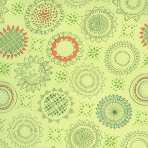 May include: A green background with a repeating pattern of various shapes and designs. The shapes are mostly circles with different patterns and colors, including red, blue, and green.