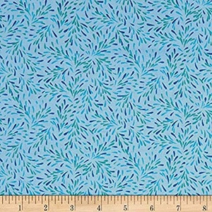 May include: Blue and green fabric with a swirling, abstract pattern. The fabric has a light blue background with a repeating pattern of small, swirling lines in shades of blue and green.