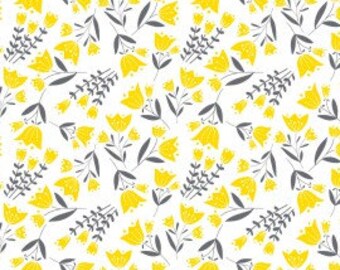 Flutter & Buzz - Yellow/Gray Floral on White - Sold by the Half Yard