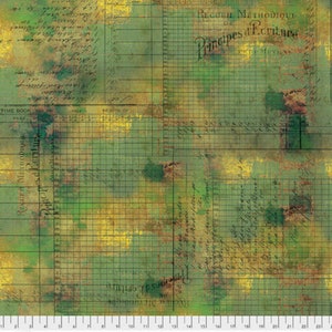 May include: A fabric with a vintage aesthetic, featuring a grid pattern overlaid with handwritten script and faded watercolor-like washes of green, yellow, and brown. The text "RECUEIL METHODIQUE" and "Principes d'Ecriture" are visible.