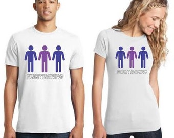 Gay Threesome Multitasking T-Shirt - MMM - Three Men Guys Gay Pride Polyamory Awareness Tshirt - Blue Purple Tee