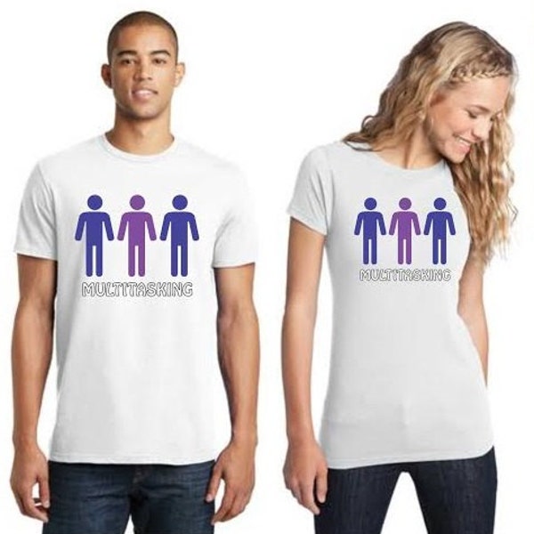 Gay Threesome Multitasking T-Shirt - MMM - Three Men Guys Gay Pride Polyamory Awareness Tshirt - Blue Purple Tee