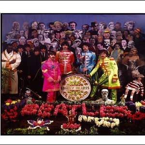 May include: A colourful album cover featuring the Beatles, dressed in elaborate costumes, standing in front of a large drum with the words "Sgt. Pepper's Lonely Hearts Club Band" printed on it. The background is filled with images of famous people.