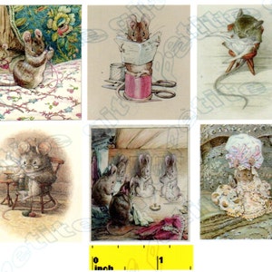 May include: Six vintage illustrations featuring mice in various activities. The first image shows a mouse sewing on a floral fabric. The second image shows a mouse reading a newspaper while sitting on a spool of thread. The third image shows a mouse sitting on a chair with a book. The fourth image shows a mouse sewing on a table. The fifth image shows three mice sitting on a bench. The sixth image shows a mouse wearing a bonnet and a dress, sitting on a bed.