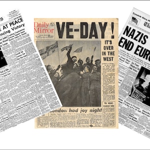 3 Miniature  &#39;Victory in Europe&#39; VE DAY  NEWSPAPERS  -  Dollhouse miniature 1/6     1/12     1/24     1/48  playscale