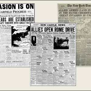 Miniature  vintage  &#39;D Day Landing Newspapers&#39; June  1944  NEWSPAPERS  -  Dollhouse 1/6     1/12     1/24     1/48     playscale miniature