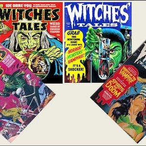 4 Miniature  &#39;WITCHES TALES&#39; Halloween COMICS  -  Dollhouse 1/6 ... 1/12 ... 1/24 ... 1/48  playscale miniature accessory