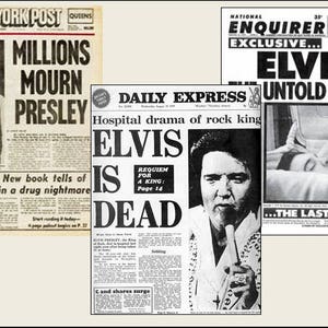 3 Miniature vintage &#39;ELVIS - The King is Dead&#39;  NEWSPAPERS  Dollhouse  1/6    1/12    1/24    1/48    play scale miniature