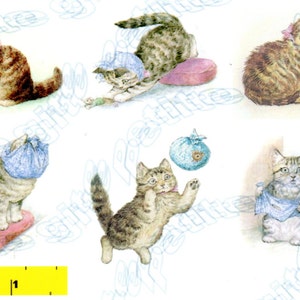 Könnte beinhalten: Ein Set mit fünf Illustrationen von niedlichen Tabby-Katzen, die verschiedene Accessoires tragen. Die Katzen sind in verschiedenen Posen dargestellt, darunter sitzend, stehend und spielend. Die Illustrationen sind im Aquarellstil gehalten und zeigen weiche, pastellfarbene Farben.