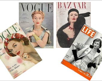 May include: Four vintage magazine covers from Vogue, Bazaar, and Life. The covers feature women in stylish clothing and accessories. The Vogue covers feature the text "Hats to make you a beauty" and "How to stay 10 lbs. thinner". The Bazaar cover features the text "All Killer, No Filler". The Life cover features the text "What the News Accepts".
