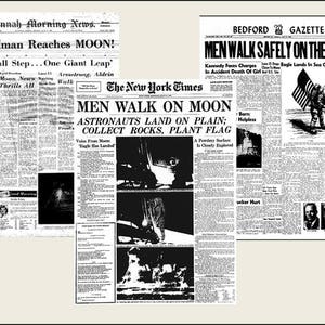 3 Miniature  &#39;MOON LANDING&#39; NEWSPAPERS 1969  -  Dollhouse miniature 1/6    1/12    1/24    1/48   playscale